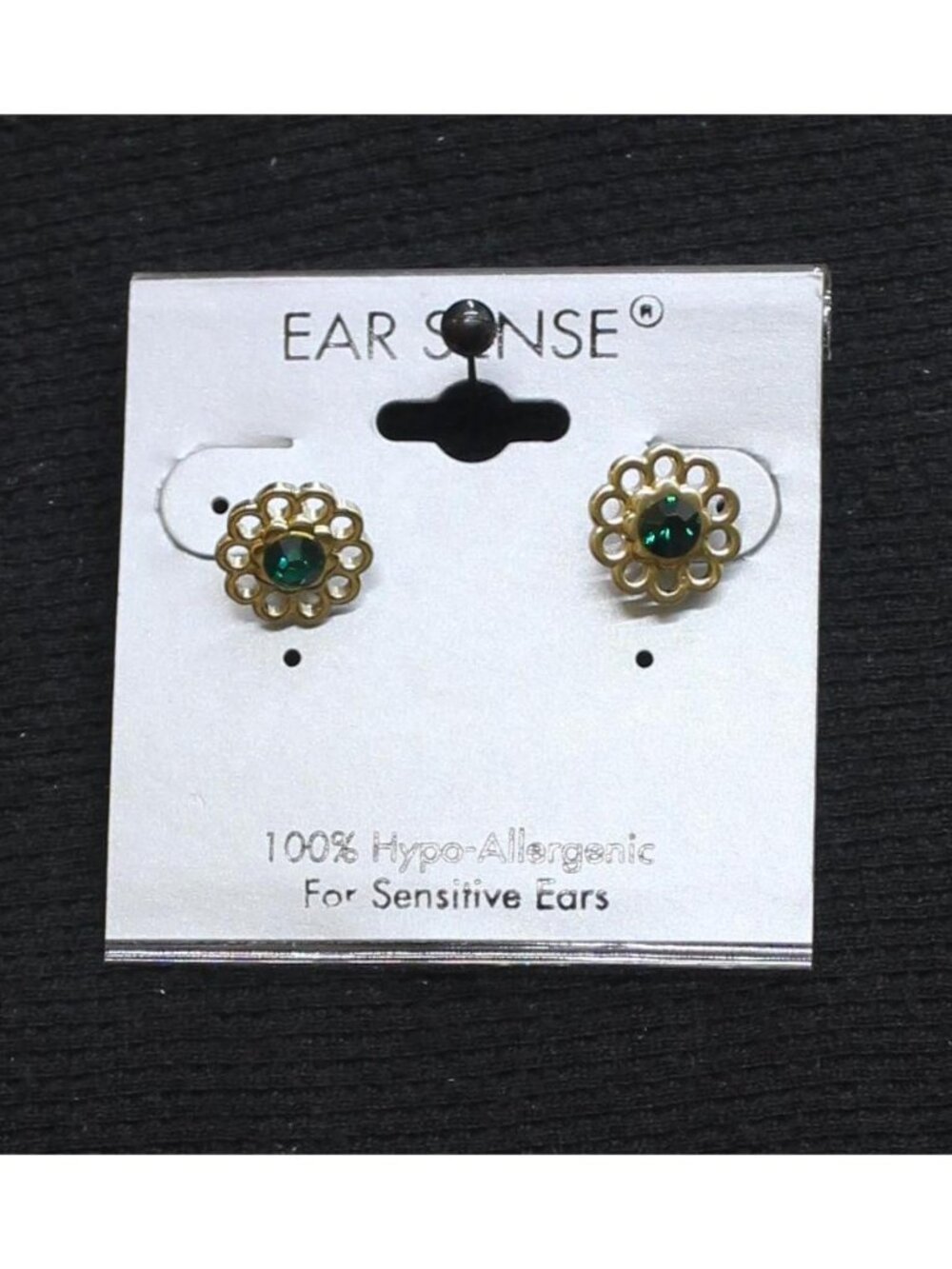 NWT Ear Sense Flower Emerald Stone Stud Earrings Gold / Green